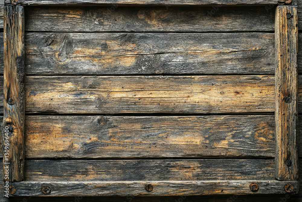 Fototapeta premium Rustic weathered wooden planks forming a frame, showing age and texture.