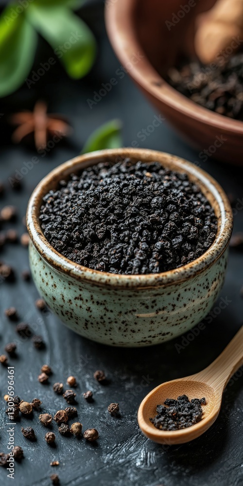Shilajit mineral resin in a decorative bowl with wooden spoon Shilajit mineral resin in a decorative bowl with wooden spoon