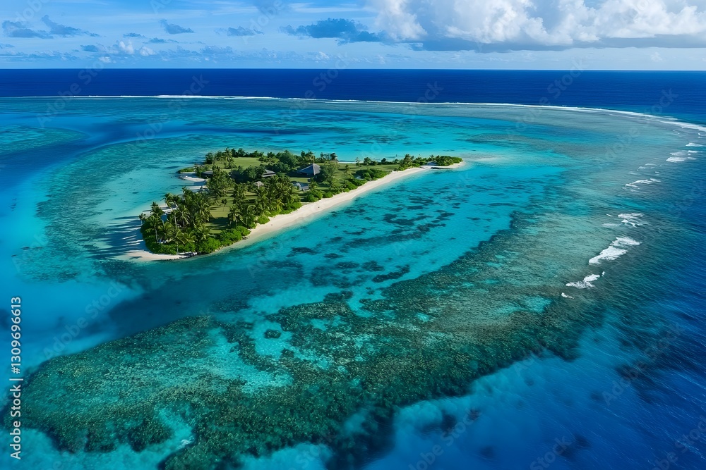 Obraz premium aerial view of a tropical island surrounded by turquoise waters, coral reefs, and deep blue ocean under a bright sky with clouds.