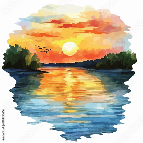 Serene Watercolor Sunset on River Isolated