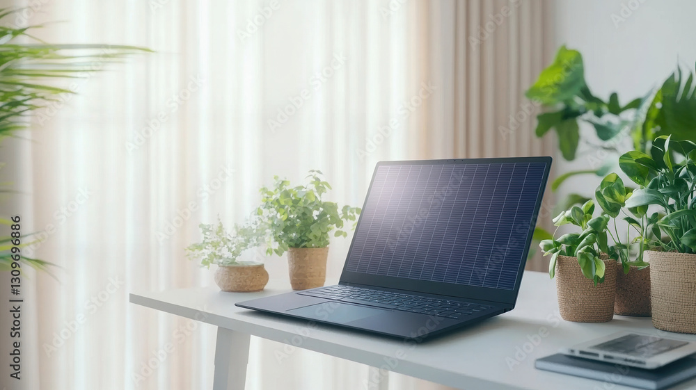 Fototapeta premium sleek solar powered laptop on minimalist desk surrounded by greenery, showcasing modern workspace filled with plants and natural light