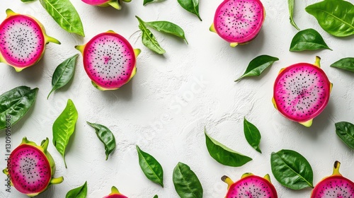 Healthy dragon fruit overhead flat display white background 