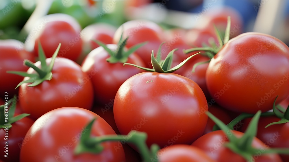 Freshly harvested shining red tomatoes displayed in a vibrant weekly market setting full of color and life Freshly harvested shining red tomatoes displayed in a vibrant weekly market setting full of color and life