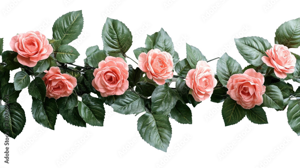 Pink roses with green leaves arranged on a vine isolated on transparent background, PNG Pink roses with green leaves arranged on a vine isolated on transparent background, PNG