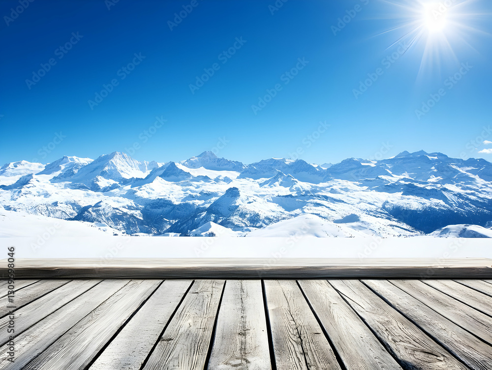 Winter Mountain Landscape Background Wooden Deck Winter Mountain Landscape Background Wooden Deck