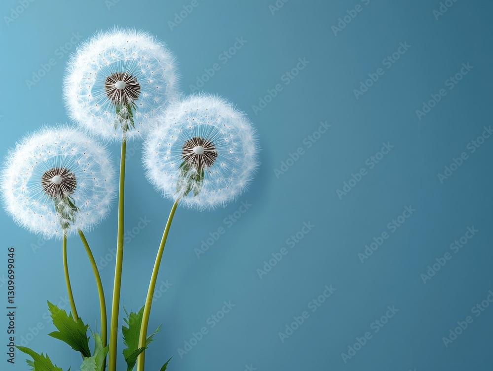Fototapeta premium Three dandelion seed heads against a calm blue background