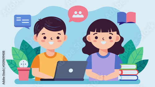 Two siblings start a blog where they document their journey in learning a new language sharing their progress and helpful resources for other young. Vector illustration