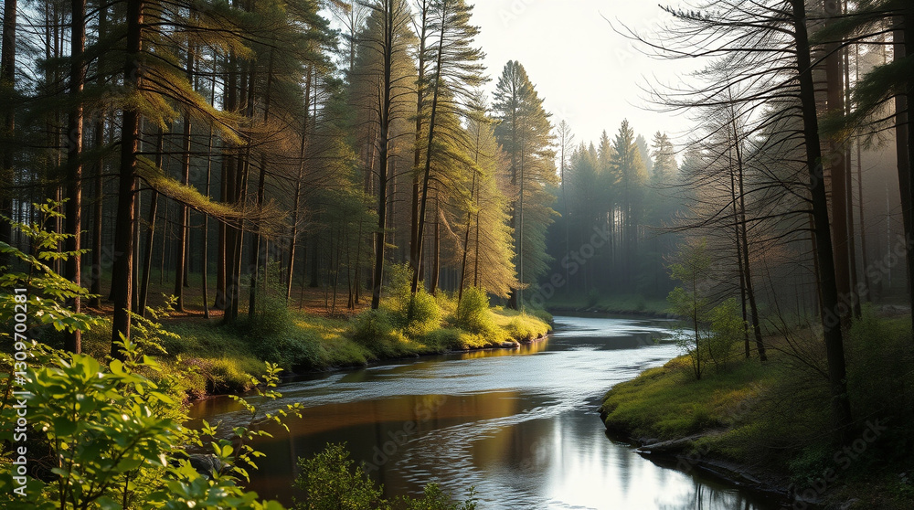 Obraz premium A calm river flowing through a forest, evoking peace and mental reset – Generative AI