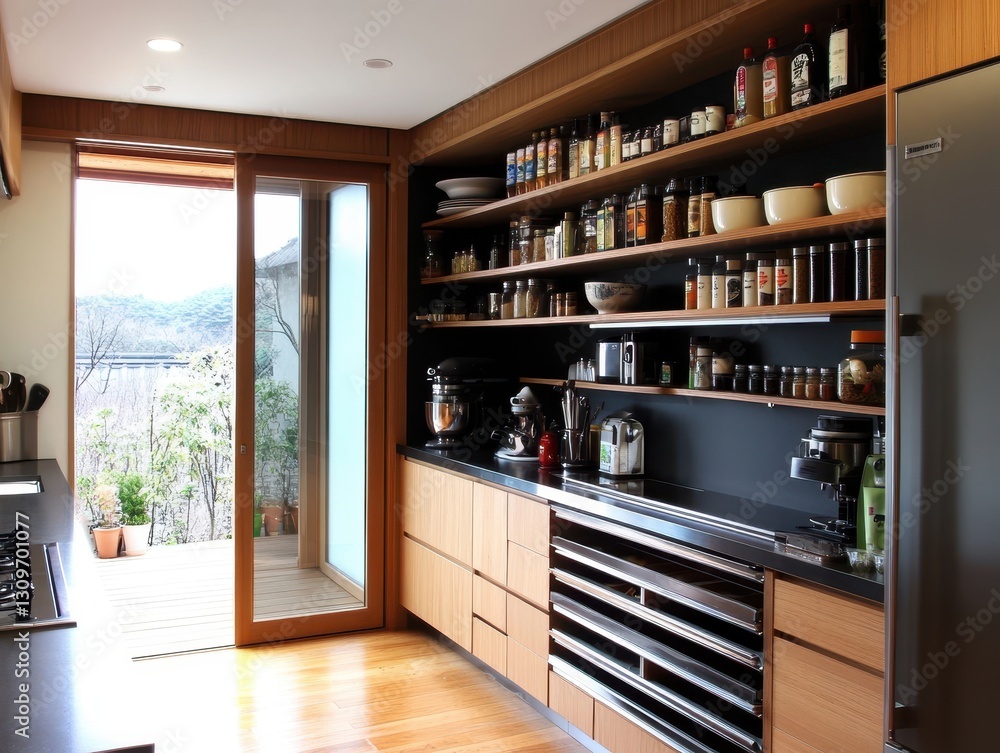 A modern kitchen interior with open door leading to a deck A modern kitchen interior with open door leading to a deck