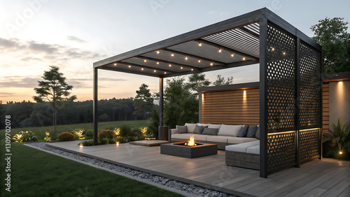 Sunset illuminates a stylish outdoor patio with a pergola, fire pit, sectional sofa, and decorative screen. Landscaping complements the modern design.