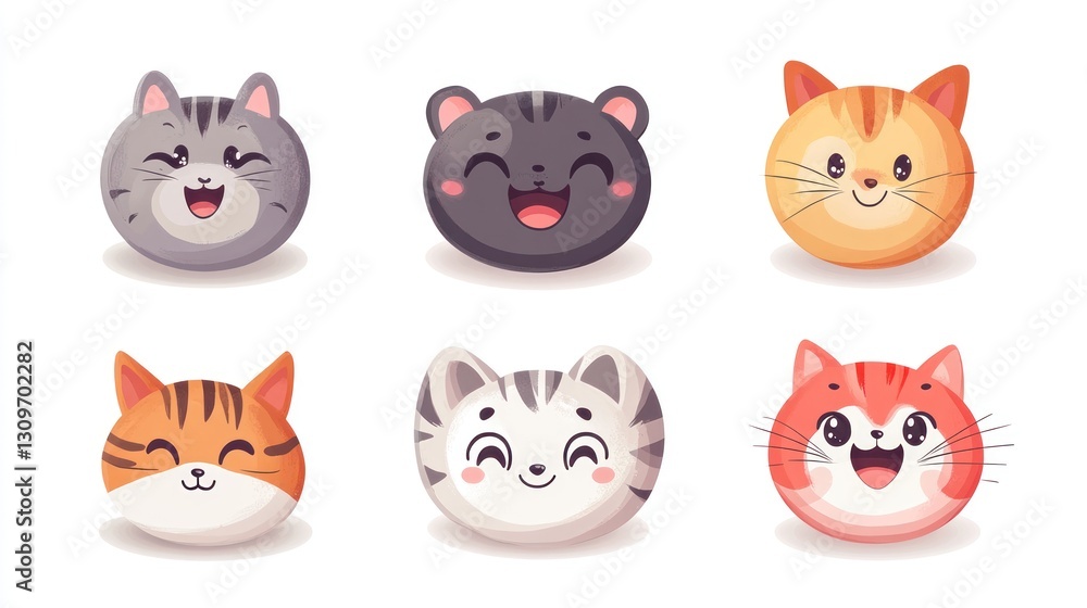Six Smiling Cartoon Cat Heads With Various Fur Patterns Six Smiling Cartoon Cat Heads With Various Fur Patterns