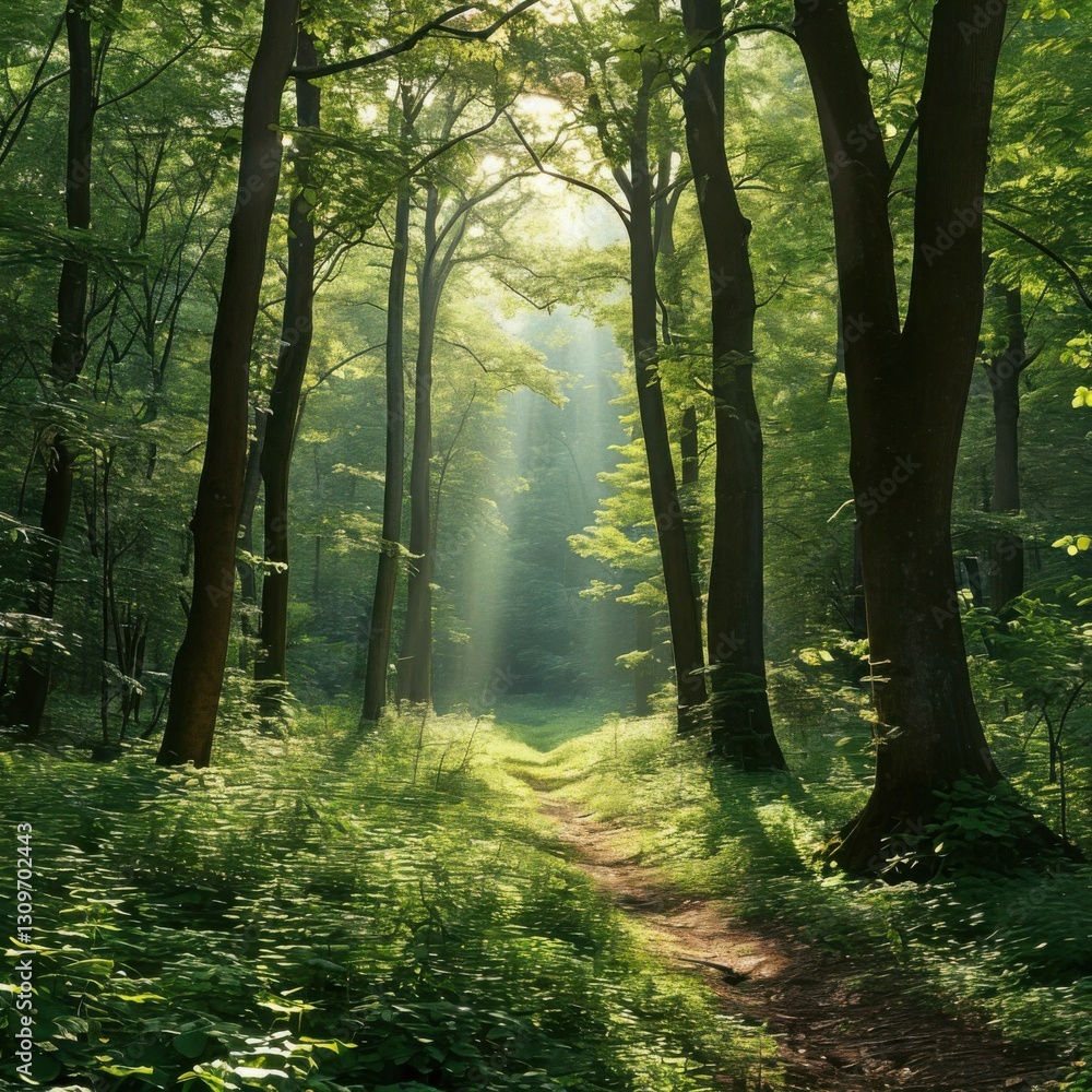 Fototapeta premium Sunlight filtering through dense foliage creating light patches on the ground. Generated AI