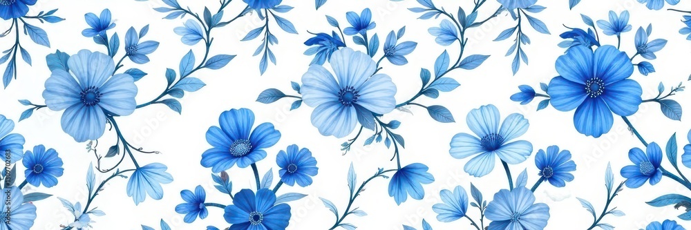 Elegant blue floral seamless pattern on white , subtle, summer, art Elegant blue floral seamless pattern on white , subtle, summer, art