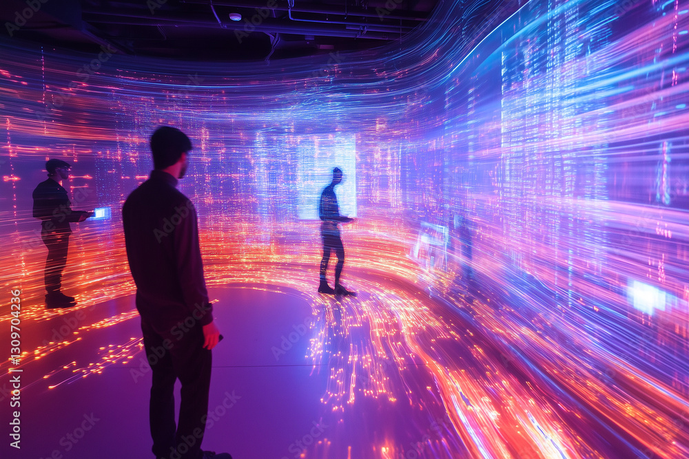 Immersive Digital Art Installation with Vibrant Light Trails and Figures Immersive Digital Art Installation with Vibrant Light Trails and Figures