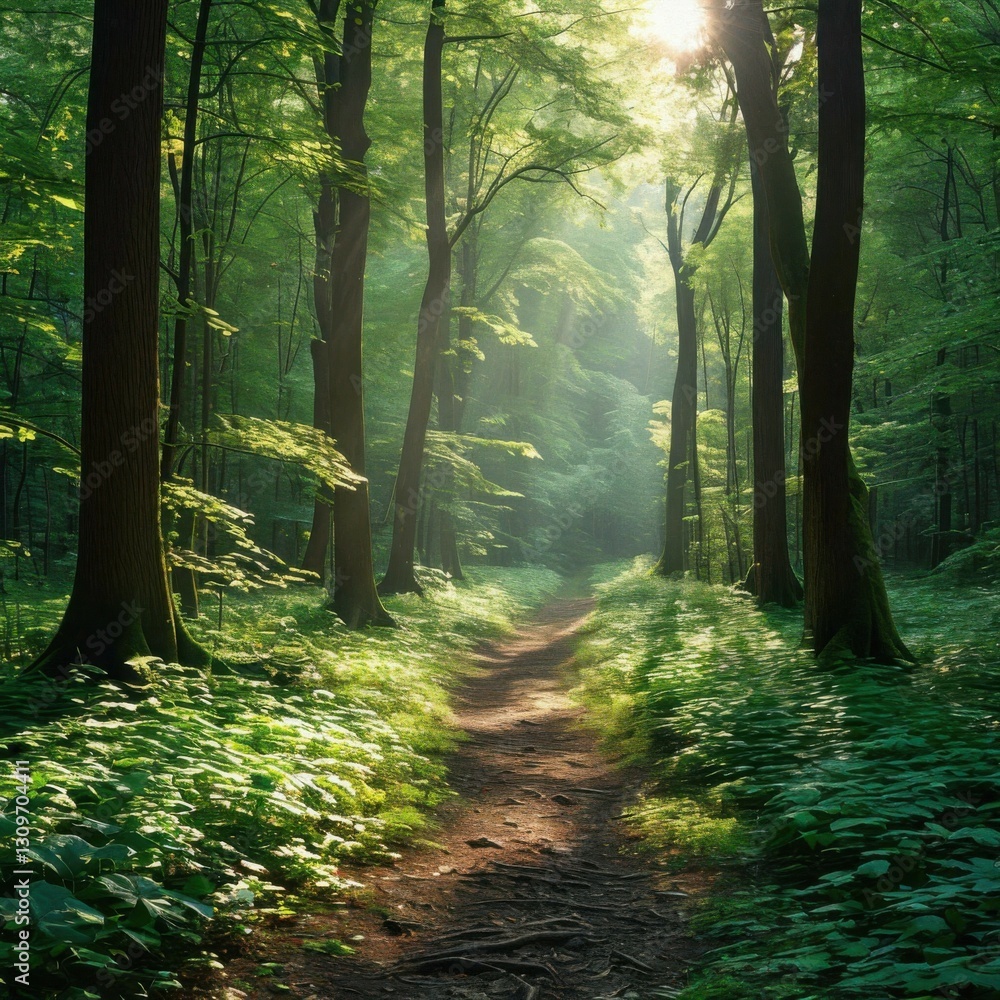 Obraz premium Sunlight filtering through dense foliage creating light patches on the ground. Generated AI