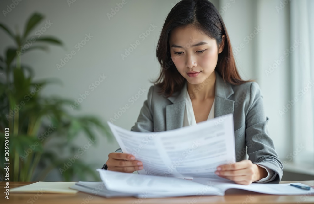 Asian business woman reviews financial documents in bright office. Female pro analyzes paperwork at desk. Corporate employee works with business reports. Accountant checks accounting statements. Asian business woman reviews financial documents in bright office. Female pro analyzes paperwork at desk. Corporate employee works with business reports. Accountant checks accounting statements.