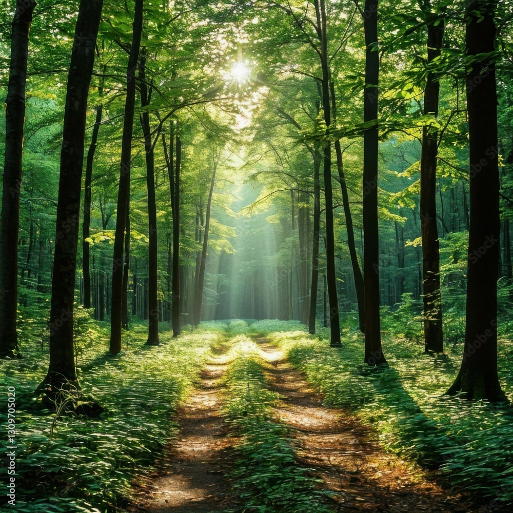 Obraz premium Sunlight filtering through dense foliage creating light patches on the ground. Generated AI