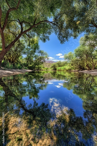 Reflection of trees on serene river water under clear blue sky