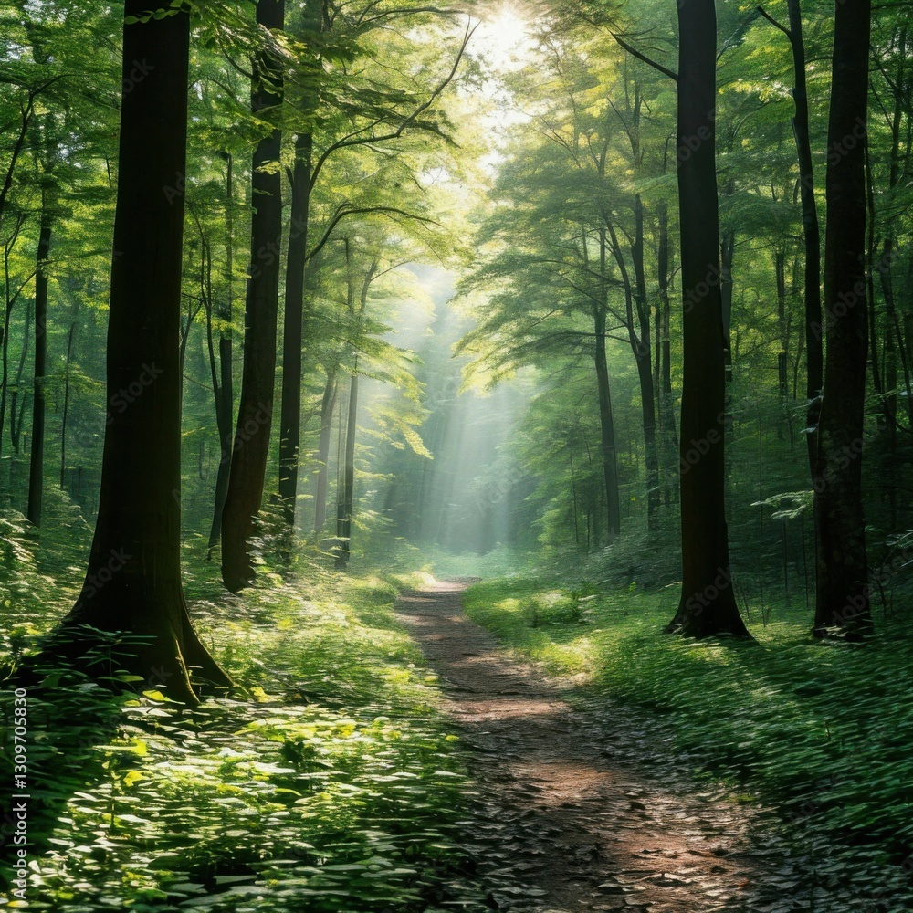 Obraz premium Sunlight filtering through dense foliage creating light patches on the ground. Generated AI