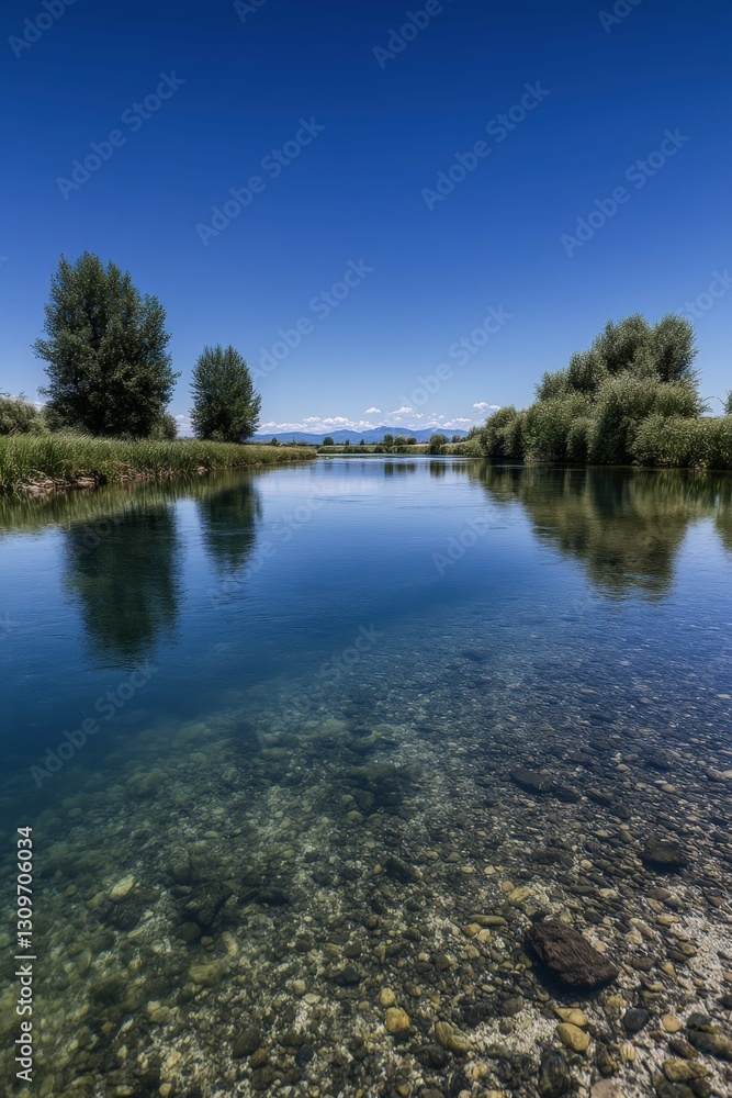 Obraz premium Calm river waters reflect clear blue skies and lush vegetation