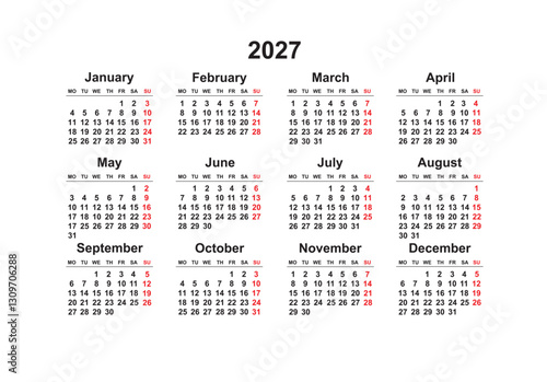 2027 Monday Start Horizontal Black and White Red Calendar Template, Simple layout of pocket or wall calendars. Yearly Stationery organizer in minimal design