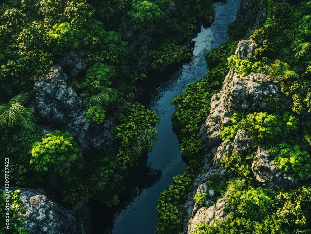 Serene river flowing through lush greenery and rocky terrain Serene river flowing through lush greenery and rocky terrain