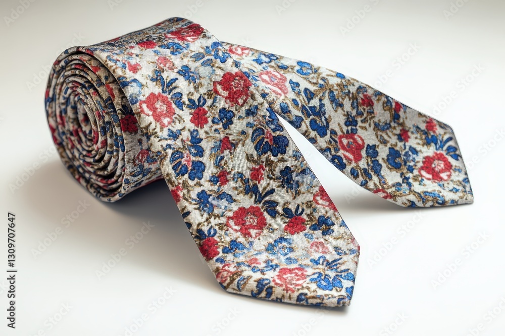 A floral patterned necktie rolled out on a white surface A floral patterned necktie rolled out on a white surface