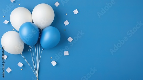 a bunch of balloons in a stylish blue and white color scheme, floating against a vibrant blue backdrop, accompanied by scattered confetti