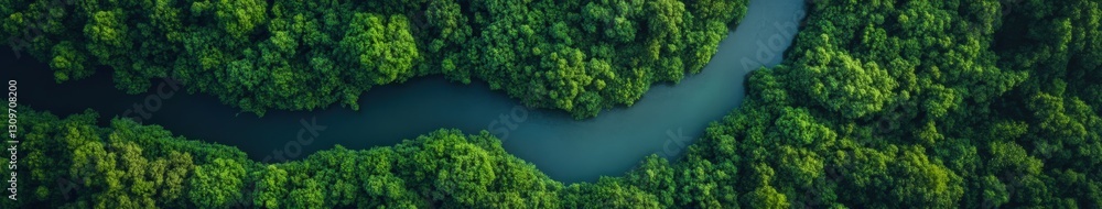 Flowing river surrounded by lush green forest canopy Flowing river surrounded by lush green forest canopy