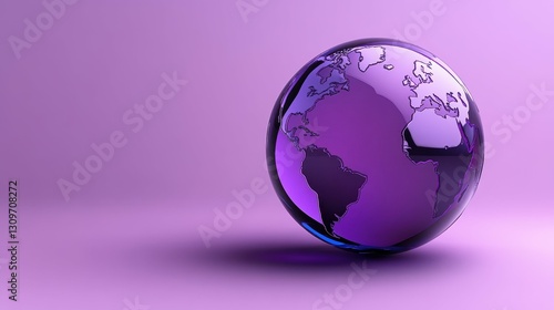 Fototapeta Naklejka Na Ścianę i Meble -  3D Purple Globe Highlighting North and South America on a Smooth Surface in a Minimalist Setting