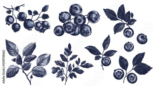 Hand-drawn blueberry sprigs and clusters on white for food or design projects