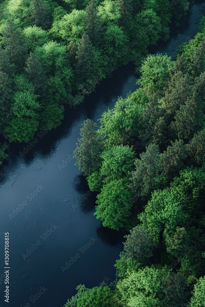 Lush green forests surrounding a tranquil river in daytime Lush green forests surrounding a tranquil river in daytime