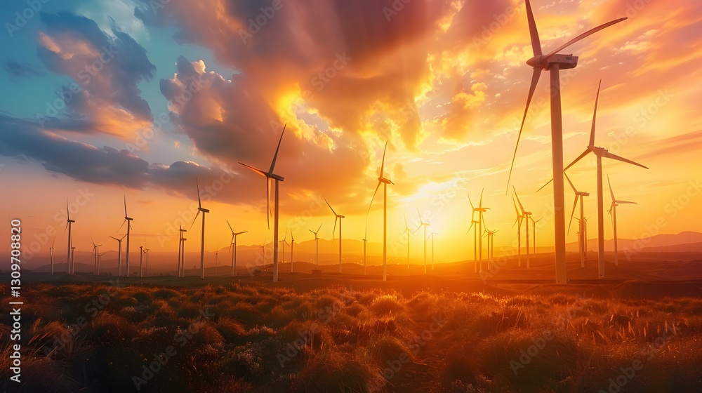 Obraz premium Low-angle shot of glowing futuristic wind turbines framed by a vivid orange sunset sky, cinematic serene innovation