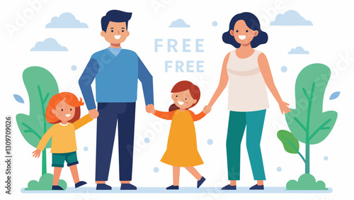 An image of a happy family with the parents holding hands and their children playing nearby and the words Debtfree thanks to Public Service Loan. Vector illustration