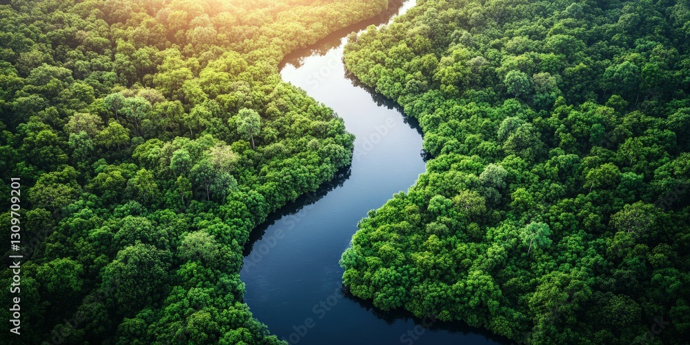 Winding river flows through lush green forest during golden hour Winding river flows through lush green forest during golden hour