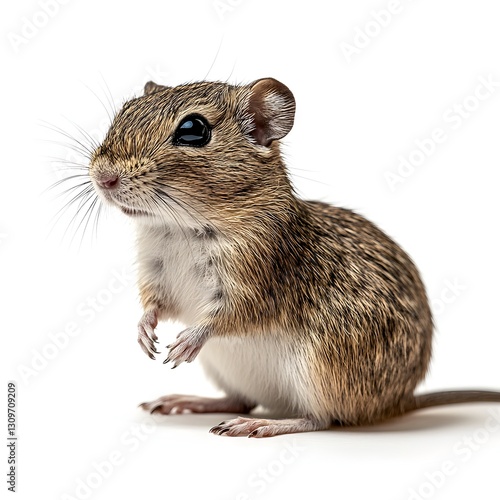 Hyper-realistic lateral view of a gerbil on a clean surface capturing the details of its fur and small features photo