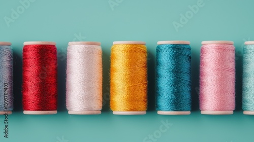 Vibrant row of colorful threads on turquoise background for sewing and craft projects