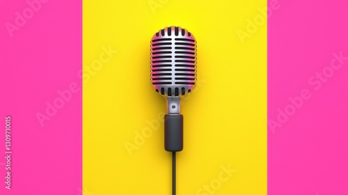 Retro microphone on vibrant yellow and pink background for creative audio content