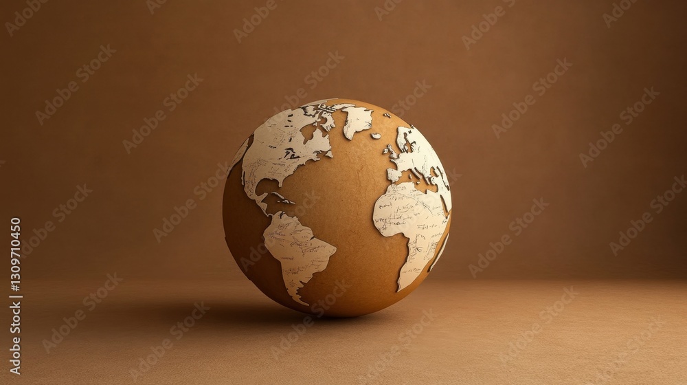 Fototapeta premium Brown Globe With White Continents Showcasing a Unique Artistic Design and Texture in a Minimalistic Setting