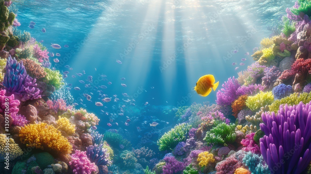Fototapeta premium Underwater Paradise: A vibrant coral reef teems with life, sunlight streams down through the crystal-clear water, illuminating a stunning underwater ecosystem.