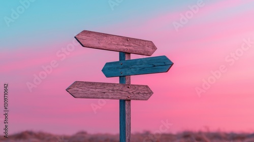Wooden signpost against surreal pink sky with three directional arrows