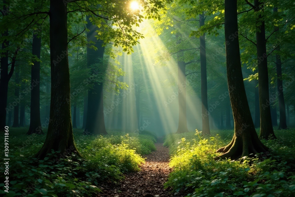Obraz premium Sunbeams pierce dense forest canopy, dappled light on forest floor, light and shadow, beams