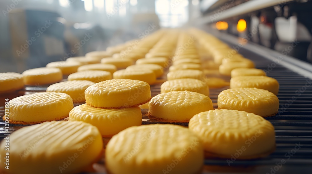 A conveyor belt filled with freshly baked cookies in a production line setting for bakery products A conveyor belt filled with freshly baked cookies in a production line setting for bakery products