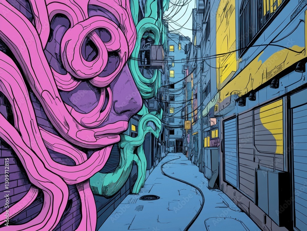 Vibrant Street Mural With Intricate Designs in an Urban Alleyway During the Day Vibrant Street Mural With Intricate Designs in an Urban Alleyway During the Day