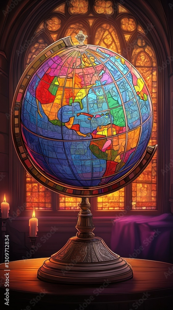 Obraz premium Detailed Globe on an Ornate Stand Illuminated by Candlelight in a Historical, Gothic Setting