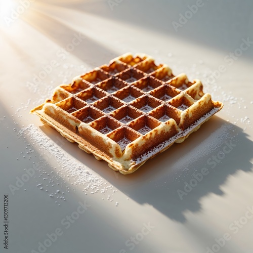 Waffle resting on a light surface with powdered sugar during morning sunlight