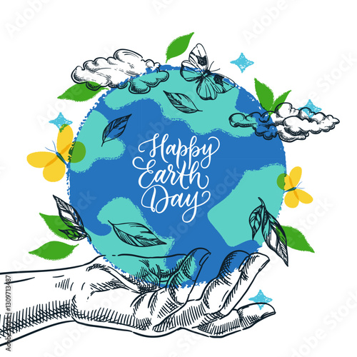 Hand holding Earth planet with green leaves. Environment, ecology design elements. Vector sketch illustration