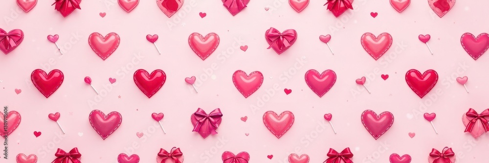 Fototapeta premium Pink & red cartoon hearts, bows, lollipops, gift boxes Valentine's Day repeat pattern , adorable, texture, graphic