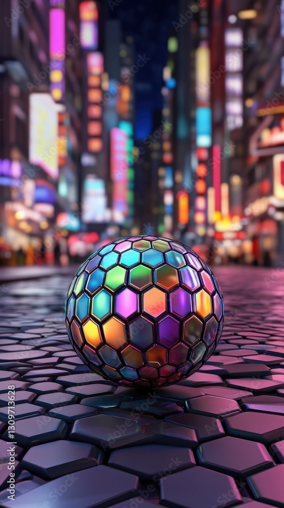 Fototapeta premium Colorful Hexagonal Sphere Reflecting City Lights in a Vibrant Urban Setting at Night
