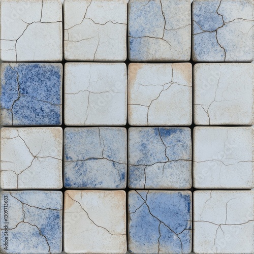 Wallpaper Mural Textured Square Tiles With Blue and White Colors Showing Wear and Cracks in a Patterned Layout Torontodigital.ca